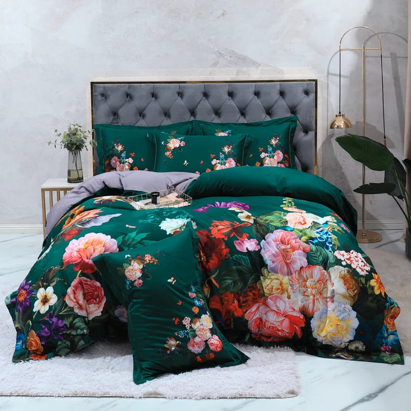 Dark green botanical bedding with oversized multicolor flowers styled in a modern bedroom – L&B