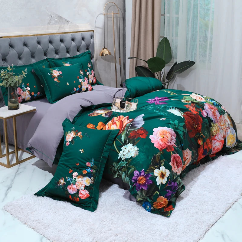 Angled bedroom view of G. THE FLOWERS emerald green floral duvet cover set in 600TC Egyptian cotton – L&B
