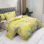 Angled view of BEAUTIFLOWER yellow floral duvet cover set with panoramic botanical artwork – L&B