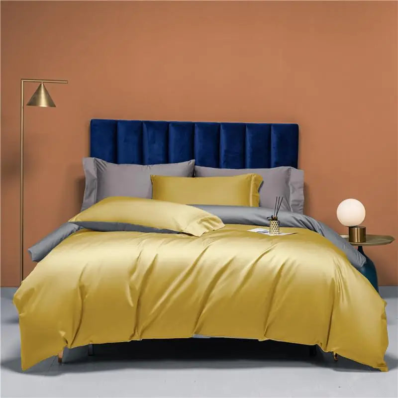 Golden yellow and gray reversible duvet cover set in 800TC Egyptian cotton for modern bedrooms – NESLLA YELLOW GREY – L&B