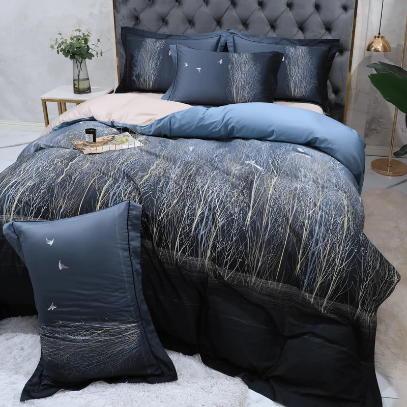 Dark woodland bedding with navy blue pillows and a white tree branch duvet cover design – L&B