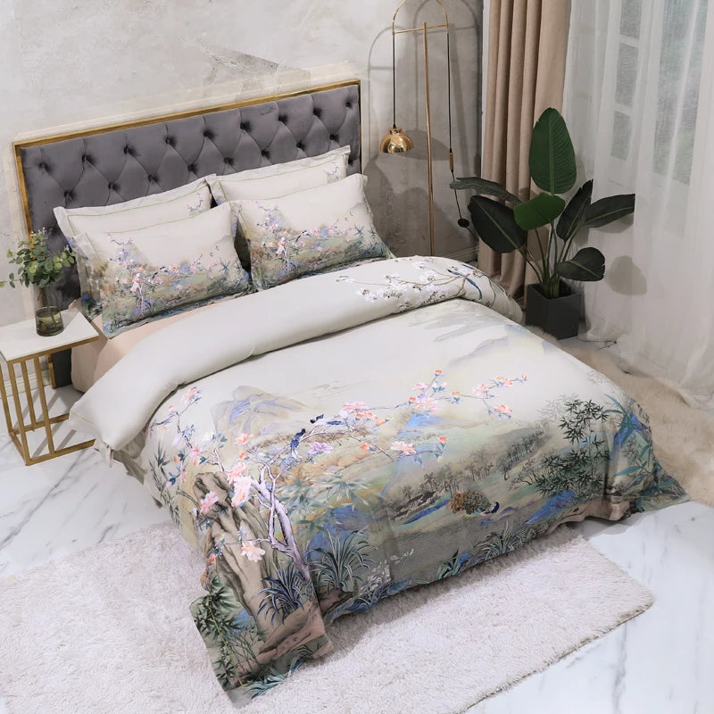 Chinoiserie landscape duvet cover with soft blue, green and blush botanical details on ivory cotton – L&B