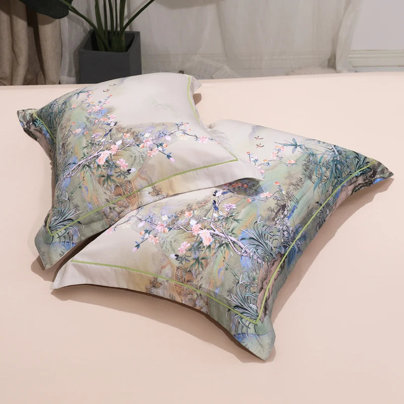 Chinoiserie pillow sham featuring a soft watercolor landscape and flowering botanical branches – L&B