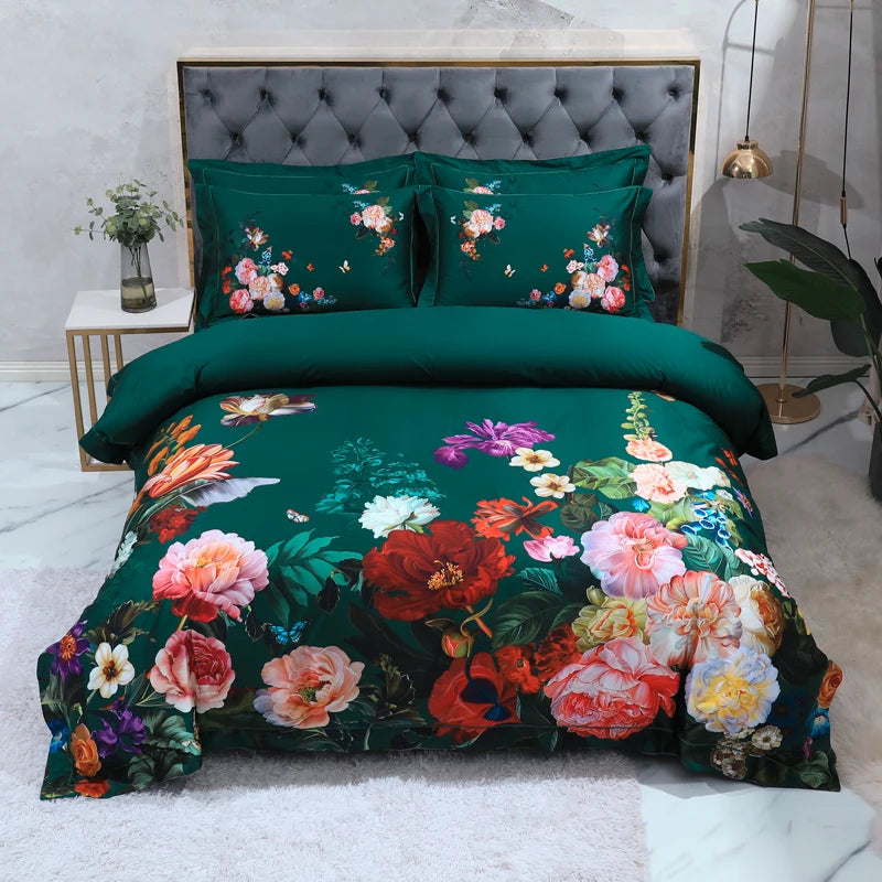 G. THE FLOWERS emerald green floral duvet cover set for Maximalism bedroom  – L&B