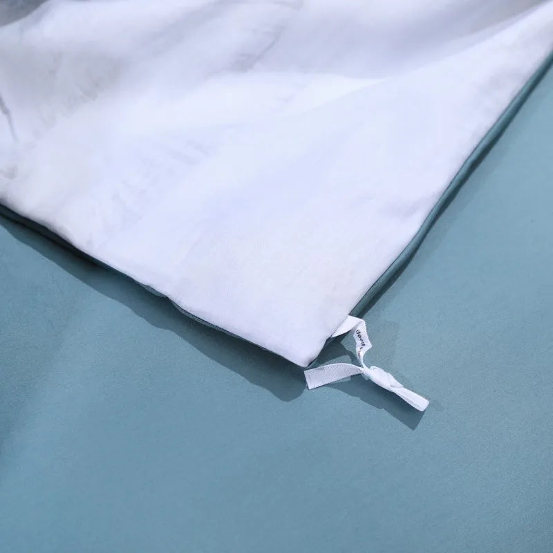 Interior corner tie detail inside the sky blue Egyptian cotton peacock duvet cover – L&B