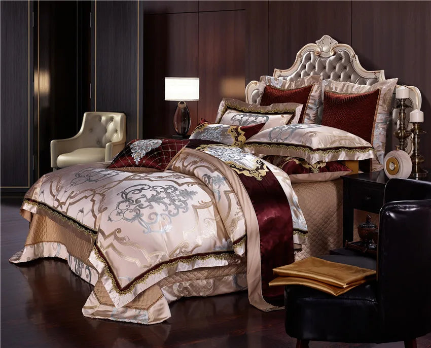 Palace-style champagne gold duvet cover set shown from the side in a luxury bedroom, SPECTO – L&B