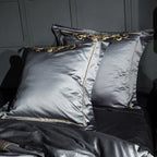 Matching pewter gray pillow shams with tailored gold embroidered borders, ZUTAPERA GREY – L&B