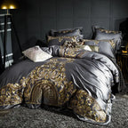Pewter gray luxury bedding with gold baroque embroidery and layered pillow shams, ZUTAPERA GREY – L&B