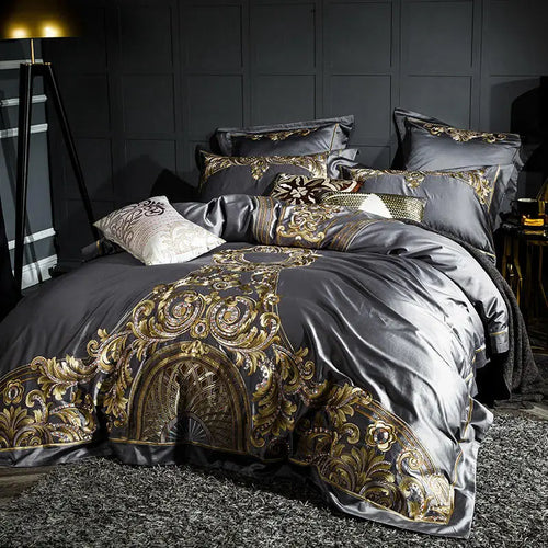 Pewter gray luxury bedding with gold baroque embroidery and layered pillow shams, ZUTAPERA GREY – L&B