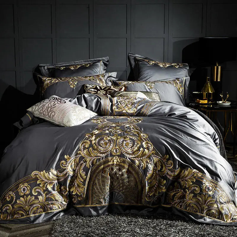 Pewter gray and gold baroque embroidered duvet cover set for luxury bedroom – L&B