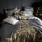 Angled view of pewter gray and gold embroidered Egyptian cotton duvet cover set, ZUTAPERA GREY – L&B