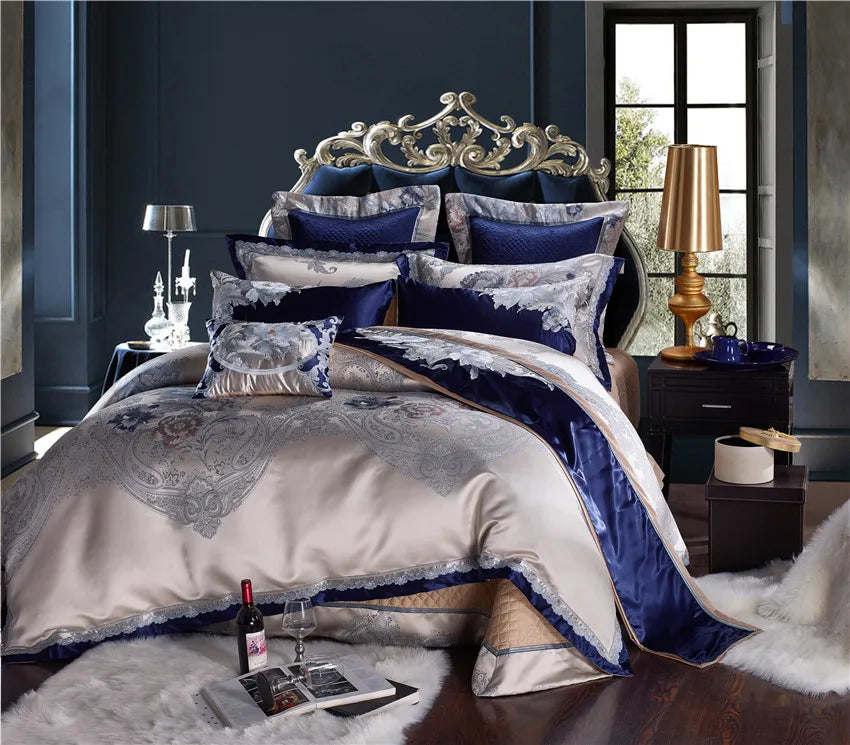 Full front view of royal blue and champagne embroidered duvet cover set, STOPIAK – L&B