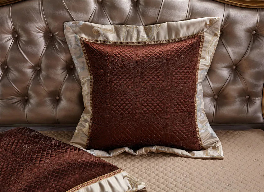 Wine red accent pillow with champagne gold embroidered pillow shams, SPECTO – L&B