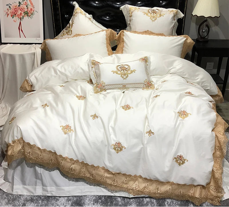 Ivory white and champagne gold lace embroidered duvet cover set for luxury bedroom– L&B