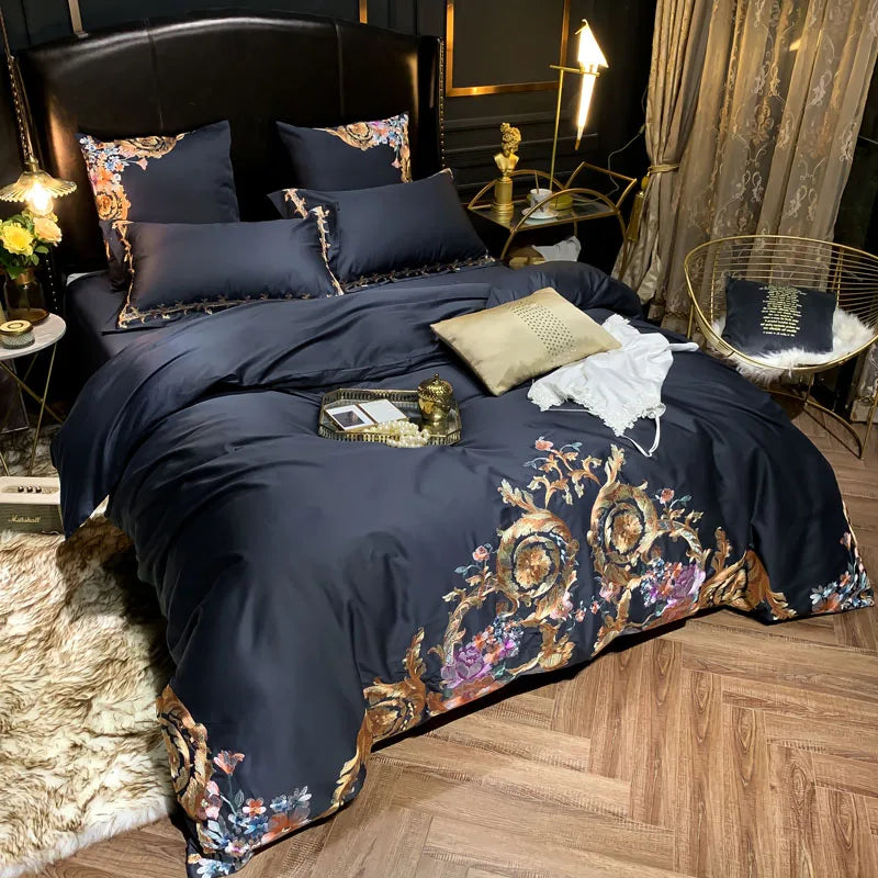 Side view of black floral embroidered duvet cover set in a luxury bedroom, PERIK – L&B