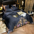 Side view of black floral embroidered duvet cover set in a luxury bedroom, PERIK – L&B