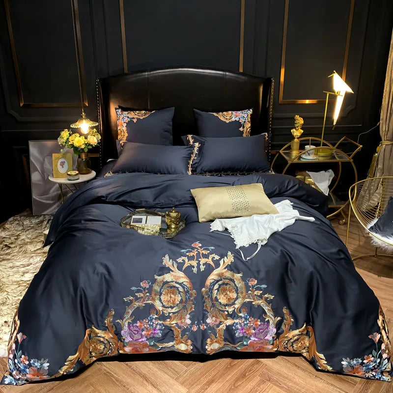 Black floral embroidered Egyptian cotton bedding in a luxury bedroom, PERIK – L&B