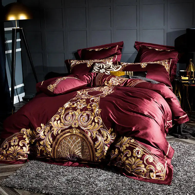 Full front view of burgundy and gold baroque embroidered duvet cover set, ZUTAPERA – L&B