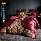 Full front view of burgundy and gold baroque embroidered duvet cover set, ZUTAPERA – L&B
