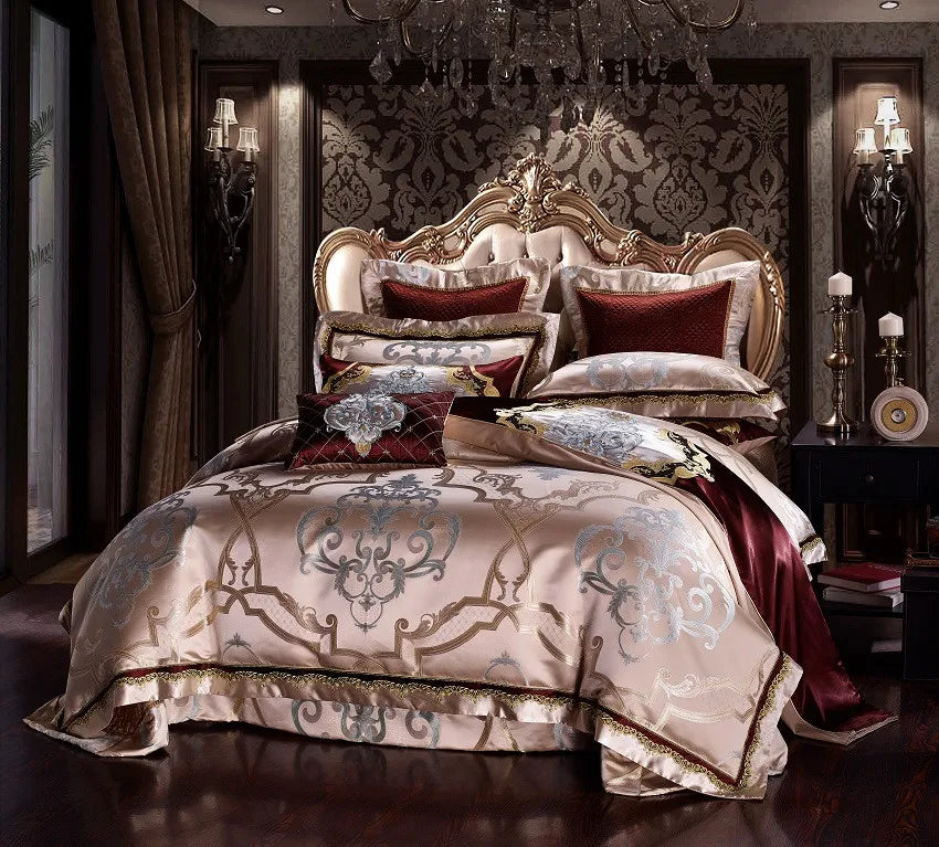 Champagne gold embroidered baroque duvet cover set in a palace-style bedroom, SPECTO – L&B