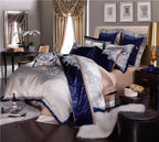Royal blue and champagne luxury duvet cover set styled in an elegant bedroom, STOPIAK – L&B