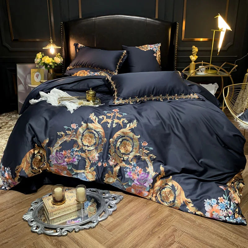 Black and gold floral embroidered duvet cover set shown from an angled bedroom view, PERIK – L&B