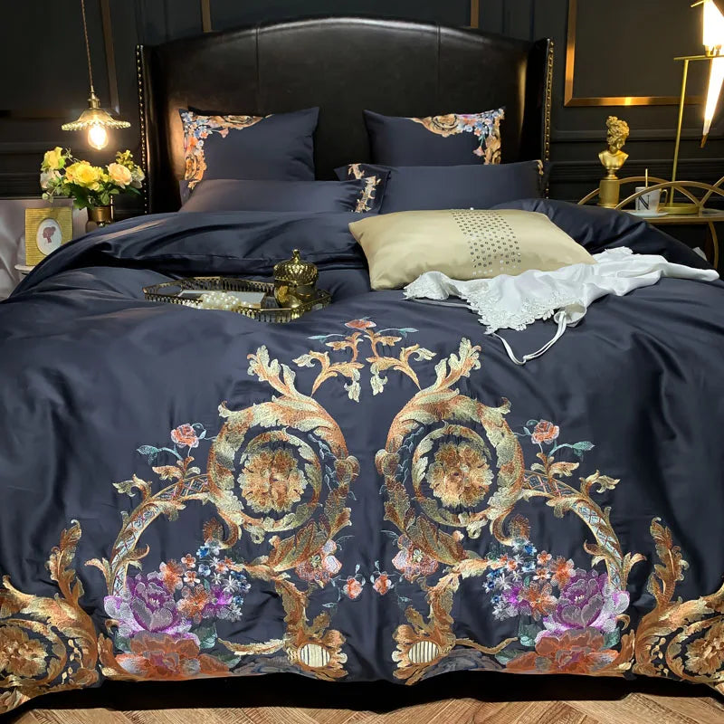 Black Egyptian cotton bedding with ornate gold and multicolor floral embroidery, PERIK – L&B