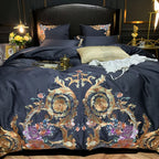 Black Egyptian cotton bedding with ornate gold and multicolor floral embroidery, PERIK – L&B