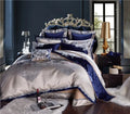 Royal blue and champagne floral embroidered duvet cover set in silk and Egyptian cotton – L&B