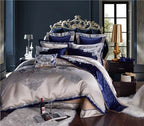Royal blue and champagne floral embroidered duvet cover set in silk and Egyptian cotton – L&B
