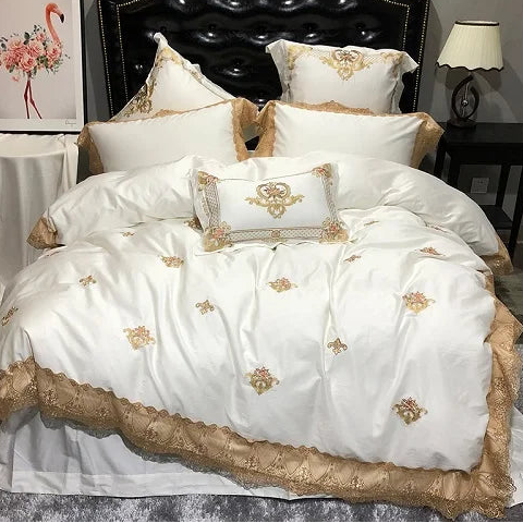 Ivory white and champagne gold lace embroidered duvet cover set in 600TC Egyptian cotton – L&B