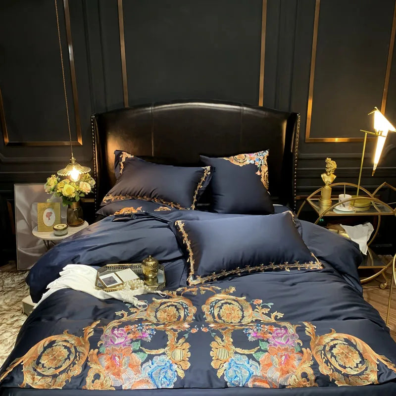 Angled view of black and gold embroidered floral duvet cover set, PERIK – L&B