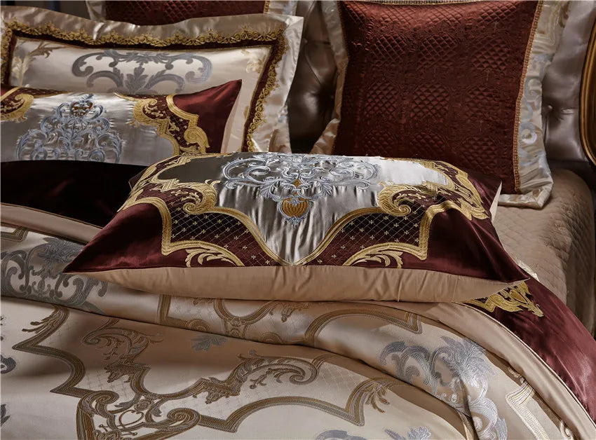 Champagne gold embroidered Egyptian cotton bedding with layered baroque pillows, SPECTO – L&B