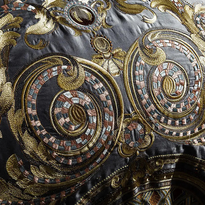 Detailed gold scroll and medallion embroidery on gray Egyptian cotton bedding, ZUTAPERA GREY – L&B