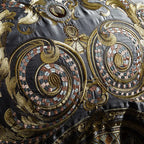 Detailed gold scroll and medallion embroidery on gray Egyptian cotton bedding, ZUTAPERA GREY – L&B