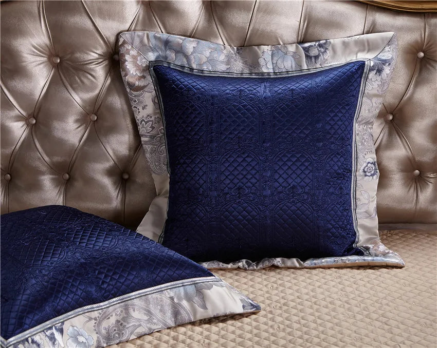 Royal blue square accent pillow with champagne embroidered bedding, STOPIAK – L&B