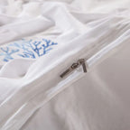 Hidden zipper closure detail on white 600TC Egyptian cotton BLUE CORAL duvet cover – L&B
