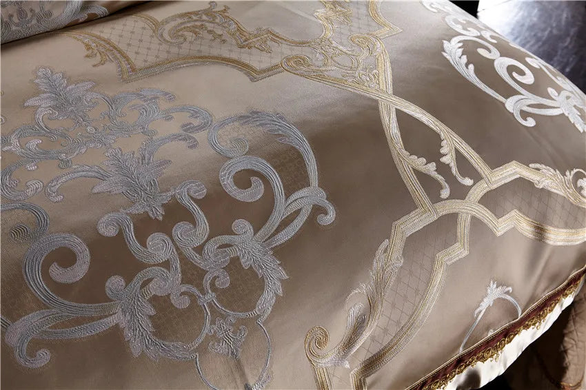 Close-up of champagne gold baroque embroidery on silk and Egyptian cotton bedding, SPECTO – L&B