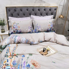 FLIFLOWERS botanical duvet cover styled with a coordinating solid beige sheet and floral pillows – L&B