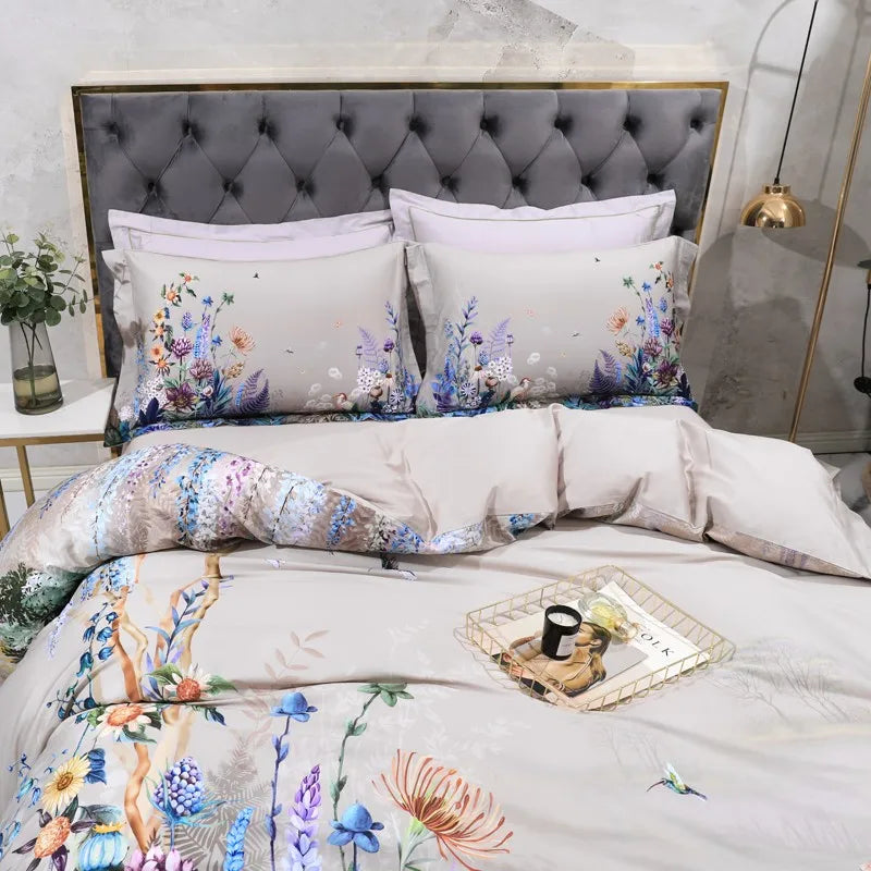 FLIFLOWERS botanical duvet cover styled with a coordinating solid beige sheet and floral pillows – L&B
