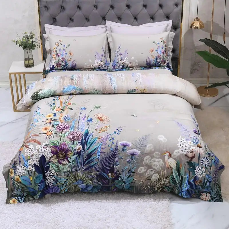 Beige botanical duvet cover set with a peacock and vibrant wildflowers forming a garden border – L&B