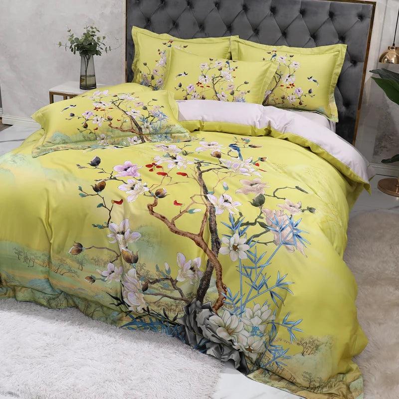 Blossoming tree duvet cover set featuring watercolor florals in pink, blue and lavender on yellow – L&B