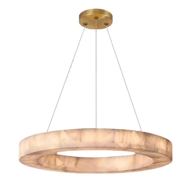Modern ring alabaster chandelier with a gold ceiling canopy for modern dining room