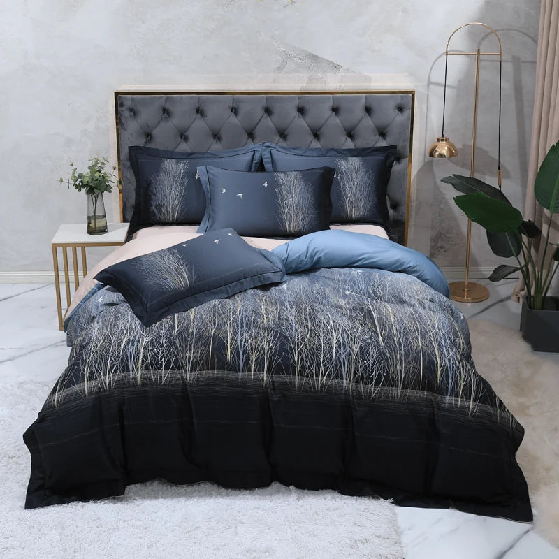 Navy blue winter forest duvet cover set with white tree branches and flying birds – L&B