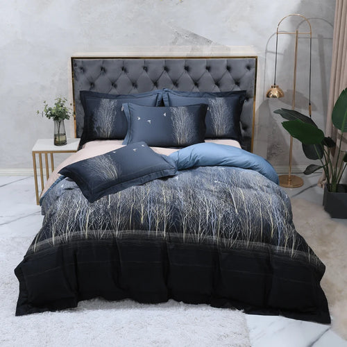 Navy blue winter forest duvet cover set with white tree branches and flying birds – L&B
