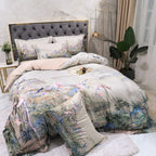 Ivory Egyptian cotton bedding with a painterly Chinoiserie garden landscape styled in a modern bedroom – L&B