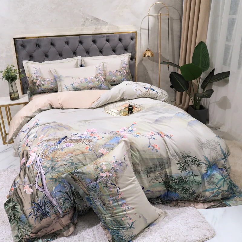 Ivory Egyptian cotton bedding with a painterly Chinoiserie garden landscape styled in a modern bedroom – L&B