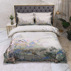 Front view of ivory Chinoiserie landscape bedding with watercolor botanical scenery – L&B