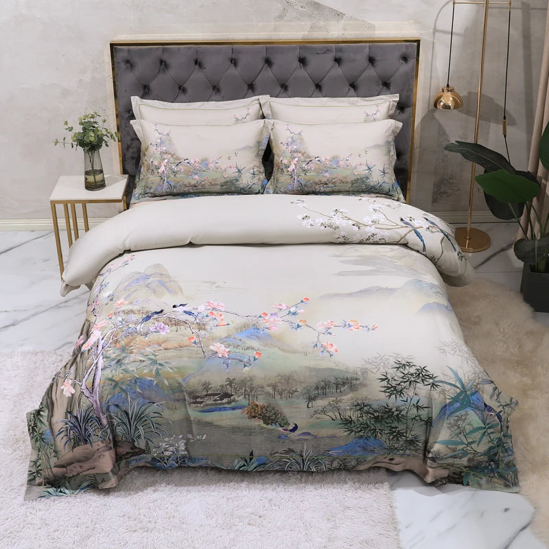 Front view of ivory Chinoiserie landscape bedding with watercolor botanical scenery – L&B