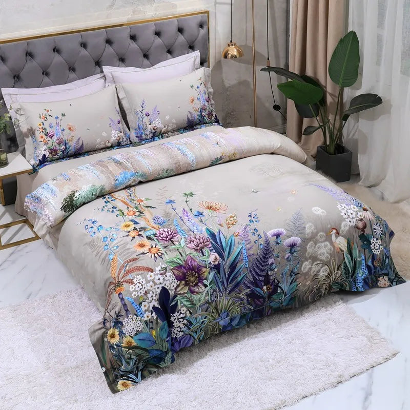 Beige Egyptian cotton bedding with colorful botanical flowers and peacock artwork in a modern bedroom – L&B